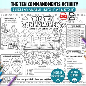 May include: A black and white printable activity sheet titled The Ten Commandments, featuring a mountain maze, word search, and unscramble puzzles. The page includes illustrations of Moses, stone tablets, and icons for colouring, available in 21.6x27.9cm, A4, and 43.2x27.9cm sizes.