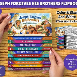 Puede incluir: Un libro desplegable de José perdona a sus hermanos con una ilustración colorida de José y sus hermanos en la portada, seguido de diez tiras horizontales numeradas con texto que incluye Génesis 45:1-15 y tamaño carta de EE. UU. 8.5x11 pulgadas.