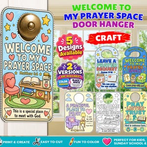 Op de afbeelding: Een collectie van printbare deurhangers met religieuze thema's en illustraties van gebedsruimtes, inclusief teksten zoals Welcome to My Prayer Space, Leave a Prayer Request en Pray Listen Trust, beschikbaar in kleur en in zwart-wit.