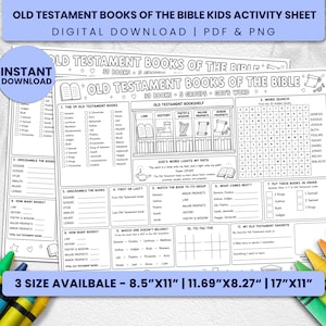 Puede incluir: Una hoja de actividades en blanco y negro titulada Old Testament Books of the Bible con once secciones que incluyen sopas de letras, juegos de descifrar palabras y ejercicios de emparejamiento. Incluye ilustraciones de estanterías y pergaminos.
