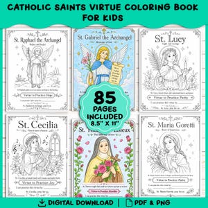 May include: A Catholic Saints Virtue coloring book for kids featuring 85 pages in 8.5 inch by 11 inch format. The digital download includes PDF and PNG files with black and white line art illustrations of various saints like St. Raphael and St. Lucy.