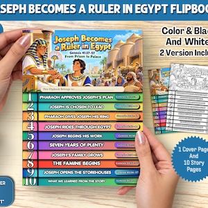 Könnte beinhalten: Ein Joseph Becomes a Ruler in Egypt Flipbook mit einem farbigen Cover mit biblischen Illustrationen und zehn nummerierten Reitern. Das Flipbook enthält sowohl farbige als auch schwarz-weiße Versionen im US-Letter-Format von 8,5 mal 11 Zoll.