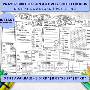 Może przedstawiać: Czarno-biała karta pracy z lekcją biblijną o modlitwie dla dzieci z tekstem Who and What to Pray For, wykreślanką, anagramami, pytaniami prawda lub fałsz, labiryntem i listą modlitw. Dostępna w formacie 21,59 cm na 27,94 cm.