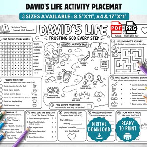 Könnte beinhalten: Eine schwarz-weiße Aktivitätsunterlage mit dem Titel David's Life Trusting God Every Step, die ein Wortsuchrätsel, ein Labyrinth, Zuordnungsspiele und Lückentexte enthält. Das Blatt enthält Text mit Verweisen auf 1 Samuel 16-2 Samuel 7 und Psalm 28:7.
