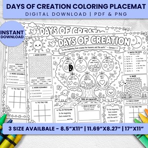 May include: A black and white printable coloring placemat titled Days of Creation featuring a central tree with seven circular icons representing creation days, a word search, word scramble, tic-tac-toe, a maze, and Bible verses.