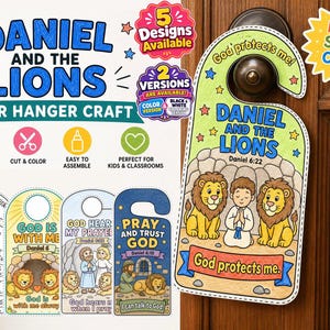 May include: A printable door hanger craft featuring Daniel and the lions with the text Daniel and the Lions, Daniel 6:22, and God protects me. The design includes a cartoon illustration of a person praying between two lions in a stone cave.