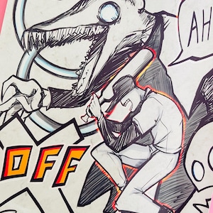 May include: An illustration featuring a baseball player mid-swing, with a monstrous figure in the background. The artwork uses black ink, red highlights, and the word "OFF" in a yellow and orange outlined font.