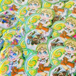 May include: A collection of die-cut stickers featuring a blonde character with glasses wearing a white shirt and orange pants, alongside a geometric brown and green faceted shape, all set against a swirling yellow and green circular background.