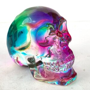 Puede incluir: Una escultura decorativa de calavera con un acabado iridiscente vibrante. La calavera presenta una mezcla de colores, incluyendo verde, azul, morado y rosa, creando un efecto brillante. La escultura está hecha de un material transparente.