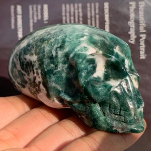May include: A carved skull made of green and white stone. The skull is held in a hand, and the details of the skull's features are visible. The stone has a marbled appearance.