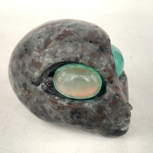 May include: A grey stone sculpture of an alien head with large, oval, turquoise eyes. The head has a smooth, rounded shape with a subtle facial profile. The stone has a speckled pattern with hints of brown and grey.