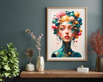Surreal Girl Art Print: Ethereal Portrait with Bubbles (Digital Download)