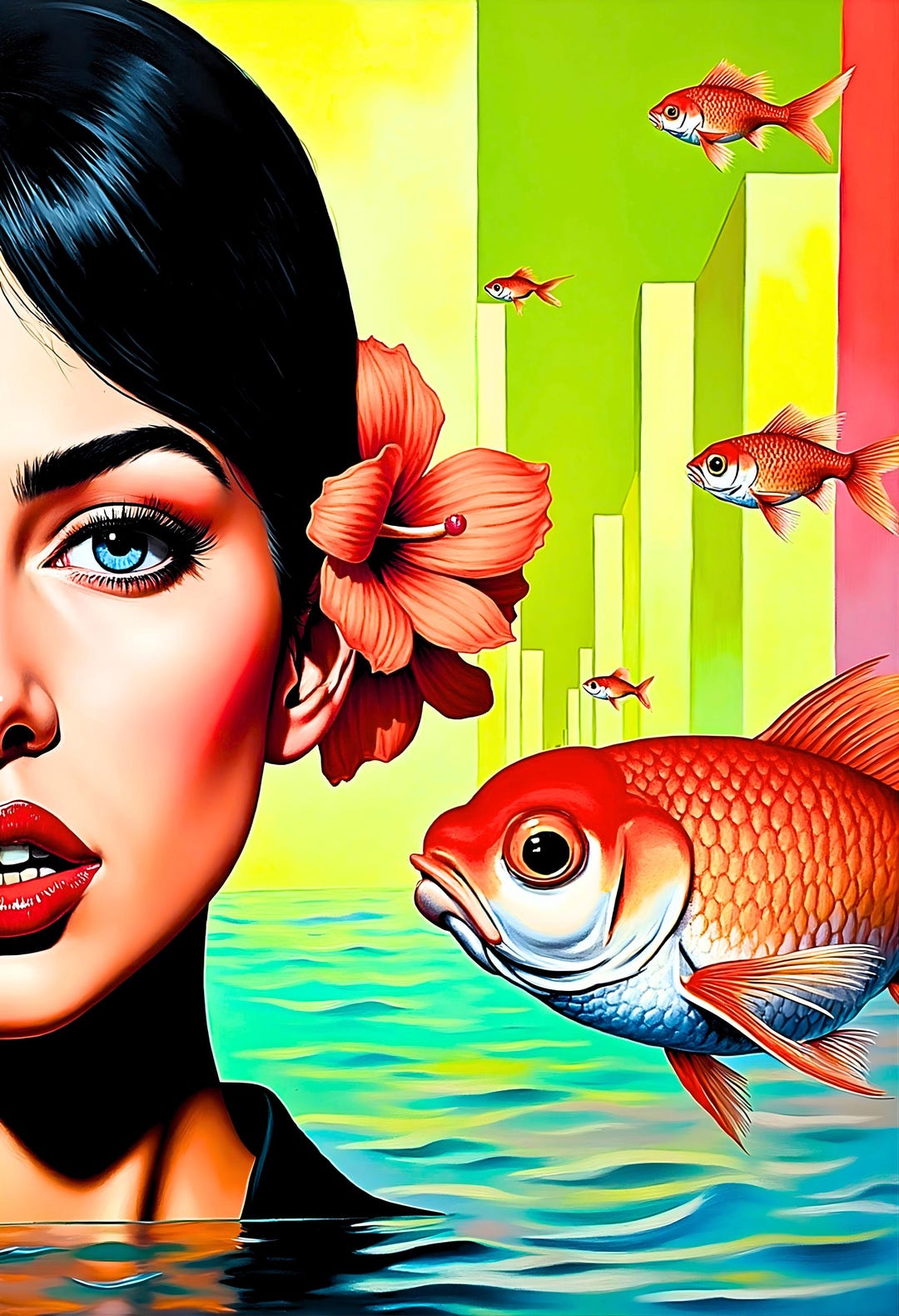 Girl With Goldfish Surreal Art Print: Bold Color Dreamscape (digital ...