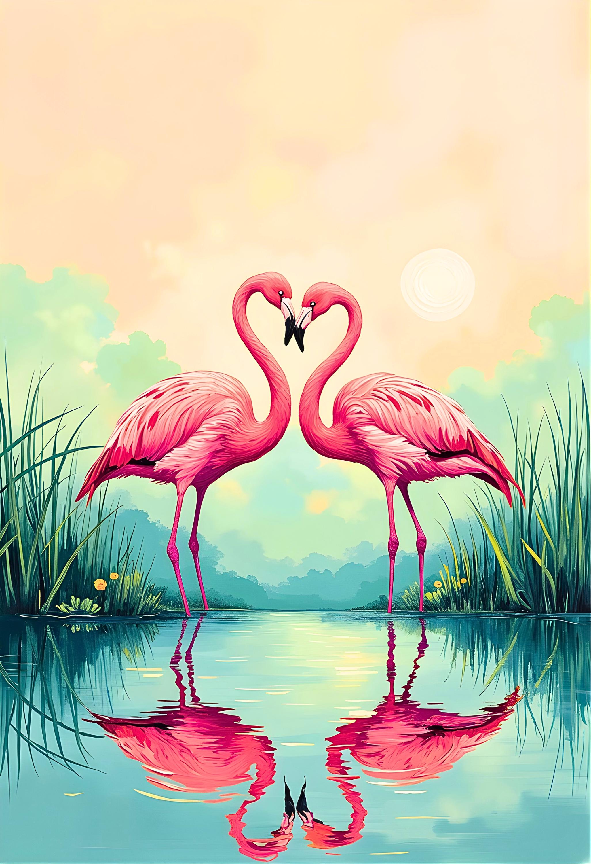 Kissing Flamingos Print Set of 10 | Romantic Tropical Wall Art