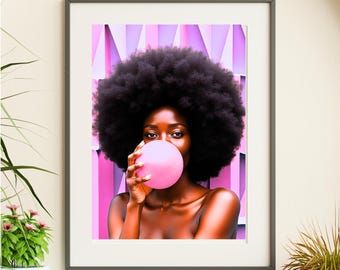 Pop Art Black Woman Portrait: Pink Bubblegum Print (Digital Download)