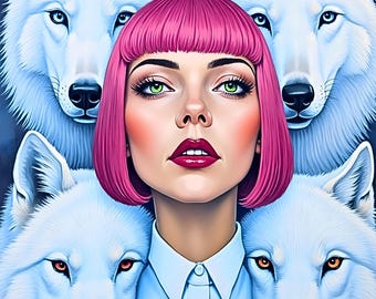 Impression d'art fille éthérée avec des loups : portrait fantastique (téléchargement numérique)