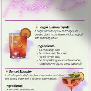 Summer Mocktail Menu Printable A4 Digital Download Virgin Cocktails PDF Non-Alcoholic Drinks Menu Canva Editable Template
