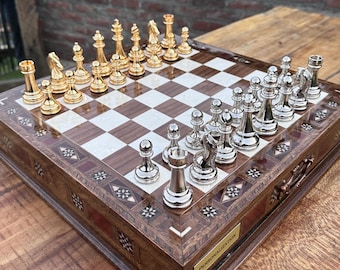 Custom Handmade Large Chess Set, Man Birthday Gift Chess Set with Storage, Decorative Walnut Chess Set and Metal Chess Pieces, Gift for Him