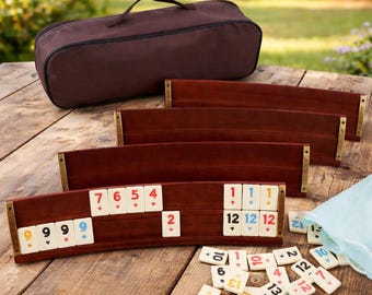 Wooden Rummikub Tile Rack Set with Case, Okey Tile Holders, Handmade Game Accessories, Board Game Gift for Dad