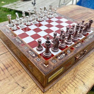 Handmade Wooden Chess Set with Storage, Personalized Chess Board, Christmas Gift, Valentines Gift for Him, Birthday Gift for Dad,Gift Sister
