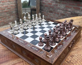 Personalized Birthday Gift Dad, Wooden Chess Set with Metal Chess Pieces, Mosaic Inlaid Luxury Chess Board with Storage, Gift for Him