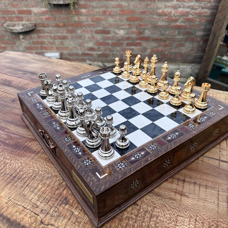 Personalized Walnut Wood Chess Set With Storage Drawer, Handmade Mosaic ...