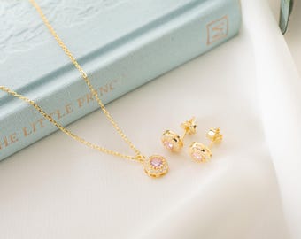 Pink Tourmaline Jewelry Set, Sterling Silver Necklace & Studs, October Birthstone