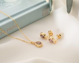 Amethyst Birthstone Jewelry Set, Sterling Silver Necklace and Studs