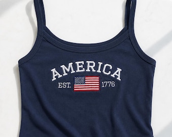 America USA Flag Embroidered Croptop - Personalized Patriotic Land of Freedom Tank Shirt - Custom Girl Summer Trip Gift - Indepedence Day