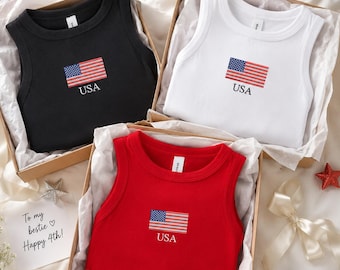 Embroidered American Flag Tank Shirt - Custom Patriotic 4th of July Crop Top - Girl Summer Vacation Outfit - USA Summer Tank