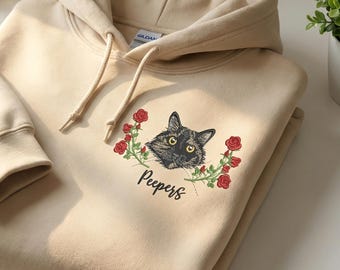 猫好きの方へのカスタム刺繍パーカー - 花柄のペットポートレートパーカー - 猫の顔が刺繍されたセーター - ママ・おばあちゃんへのギフト