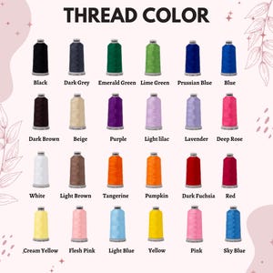 Pode incluir: Um gr&aacute;fico de cores exibindo uma variedade de cores de linha. O gr&aacute;fico inclui tons como preto, cinza escuro, verde esmeralda e lil&aacute;s claro. Cada cor &eacute; rotulada com seu nome, e a imagem &eacute; intitulada "THREAD COLOR".