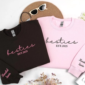 Besties Embroidered Sweatshirt With Names On Sleeve | Personalized Custom Best Friend Matching Hoodies | Matching Friends Clothing Gifts