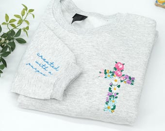Kreuz Floral besticktes christliches Sweatshirt, benutzerdefinierter Glaube Rundhalsausschnitt, religiöses Sweatshirt für Frauen, personalisierter Glaube über Angst Outfit