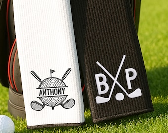 Geborduurde golfhanddoek | Gepersonaliseerde golfclub met monogram en naam of initialen | Golfcadeau voor vader bruidsjonkers