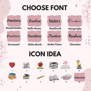 Pode incluir: Uma imagem com o texto "CHOOSE FONT" e "ICON IDEA". As op&ccedil;&otilde;es de fonte incluem "Handel Gothic", "Hello Honey", "Handicraft", "Autography", "Garamond", "Aloha March", "Stolen Times" e "Chocolate". As ideias de &iacute;cones incluem um cora&ccedil;&atilde;o, livros, uma ma&ccedil;&atilde; e um l&aacute;pis.