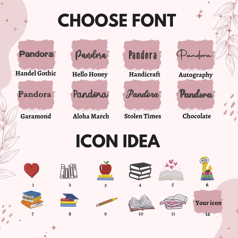 Pode incluir: Uma imagem com o texto "CHOOSE FONT" e "ICON IDEA". As op&ccedil;&otilde;es de fonte incluem "Handel Gothic", "Hello Honey", "Handicraft", "Autography", "Garamond", "Aloha March", "Stolen Times" e "Chocolate". As ideias de &iacute;cones incluem um cora&ccedil;&atilde;o, livros, uma ma&ccedil;&atilde; e um l&aacute;pis.