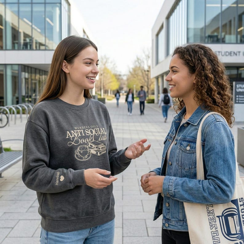 Lifestyle mockup of two students talking on a sunny university campus. The model on the left wears a custom charcoal "Anti Social Book Club" sweatshirt with personalized sleeve detail. Authentic American campus vibe. Ideal for marketing collegiate bookish fashion, comfort-focused student apparel, and custom embroidered gifts for best friends or graduates.