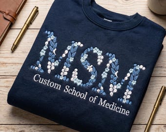 Moletom universitário personalizado com bordado floral - Moletom escolar com bordado de flores - Faculdade de Enfermagem - Presente para ex-alunos de formatura