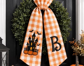 Custom Embroidered Black Castle Halloween Wreath Sash - Personalized Fall Monogram Gingham Front Door Ribbon - Custom Housewarming Gift