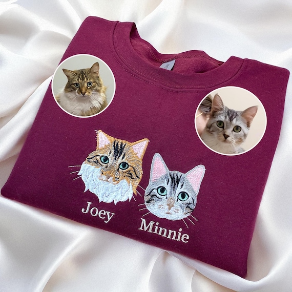 Cat Sweatshirt, Custom Embroidered Pet Sweatshirt from Photo, Personalized Cat Portrait Sweater, Cat Mom Valentine Gift