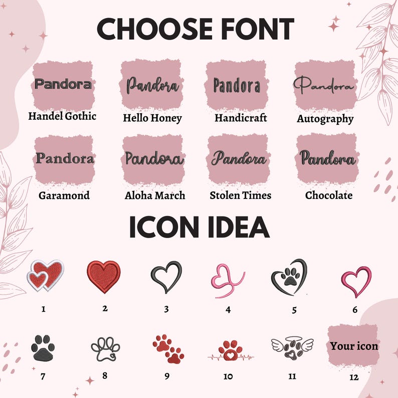May include: A graphic with the text "CHOOSE FONT" and "ICON IDEA". It displays font options with the word "Pandora" in various styles and heart, paw print, and other icon options numbered 1-12.