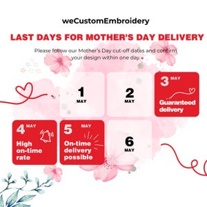 Pode incluir: Gr&aacute;fico promocional para os prazos de entrega do Dia das M&atilde;es. A imagem apresenta um design floral rosa e branco com datas de 1 a 6 de maio, destacando a entrega garantida at&eacute; 3 de maio. O texto inclui "&Uacute;ltimos dias para entrega do Dia das M&atilde;es."