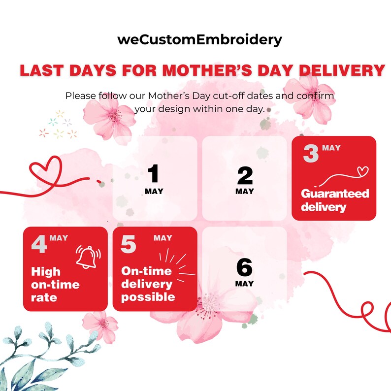 Pode incluir: Gr&aacute;fico promocional para os prazos de entrega do Dia das M&atilde;es. A imagem apresenta um design floral rosa e branco com datas de 1 a 6 de maio, destacando a entrega garantida at&eacute; 3 de maio. O texto inclui "&Uacute;ltimos dias para entrega do Dia das M&atilde;es."