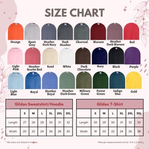 Pode incluir: Uma tabela de tamanhos para camisolas, hoodies e t-shirts Gildan, com uma variedade de cores, incluindo laranja, azul marinho e preto. A tabela inclui medidas em cm para comprimento e largura.