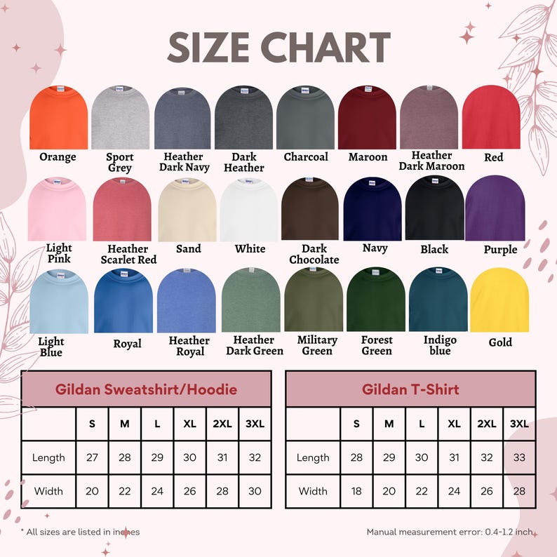 Pode incluir: Uma tabela de tamanhos para camisolas, hoodies e t-shirts Gildan, com uma variedade de cores, incluindo laranja, azul marinho e preto. A tabela inclui medidas em cm para comprimento e largura.