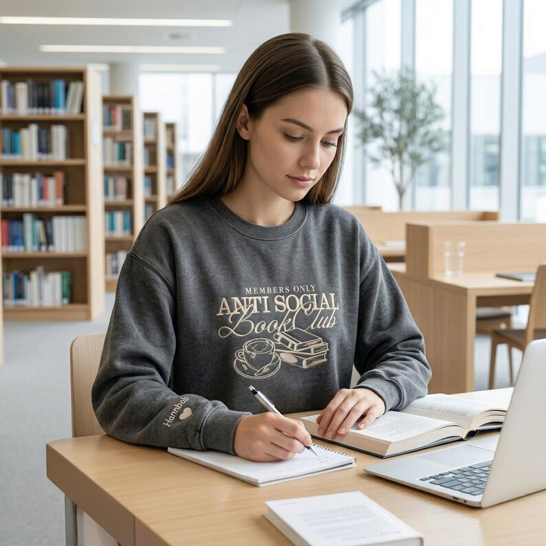 Female student wearing an "Anti Social Book Club" embroidered Gildan sweatshirt while studying in a modern library. Styled with a laptop and open books, capturing the academic aesthetic. High-quality mockup for university apparel, librarian gifts, and bookish merchandise. Showcases how the personalized sleeve name looks while writing or studying.
