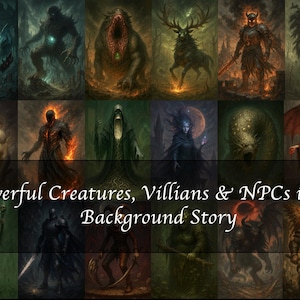 May include: A collection of 25 fantasy art portraits of powerful creatures, villains, and NPCs. Each portrait features a unique character design with varying colors and details, including text that reads "25 Powerful Creatures, Villians & NPCs including Background Story."