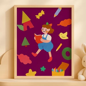 Whimsical Girl Reading Book Printable Art - Colorful Kids Wall Decor for Nursery or Playroom