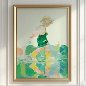 Watercolor Toddler in Rain Boots | Whimsical Child Art Print, Playful Spring Wall Decor